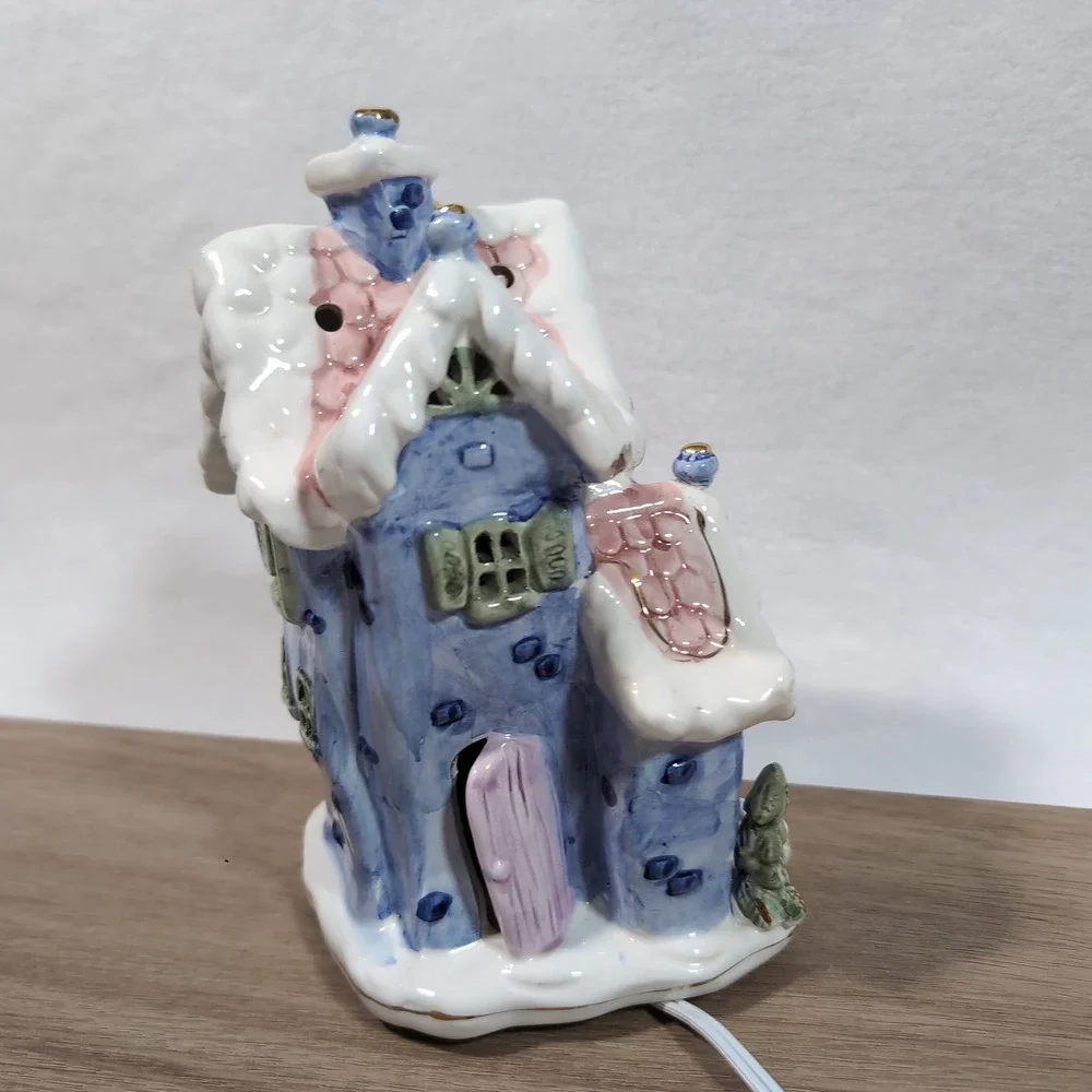 Vintage Cozy Corner Blue Pink Ceramic Lighted Cottage Christmas House 50s-70s - Picture 4 of 8